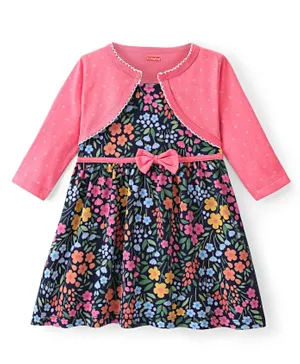 Babyhug 100% Cotton Single Jersey Knit Frock With Full Sleeves Shrug Floral Print - Navy Blue