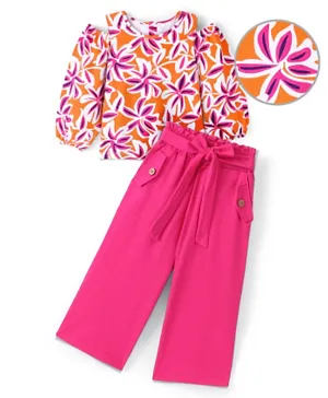 Ollington St. Off-Shoulder Full Sleeves Multicolor Printed Top & Culottes Set - Orange & Pink