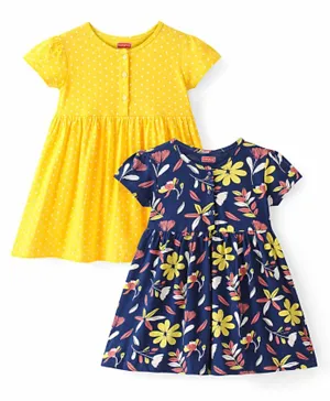 Babyhug Cotton Knit Short Sleeves Frocks Floral & Polka Dots Print Pack of 2 - Multicolor