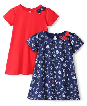 Babyhug Cotton Knit Half Sleeves Floral Print Frocks Pack of 2 - Navy & Red