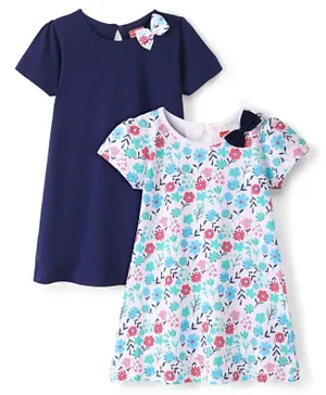 Babyhug 100% Cotton Knit Half Sleeves Frocks With Floral Print Pack Of 2 - White & Navy Blue