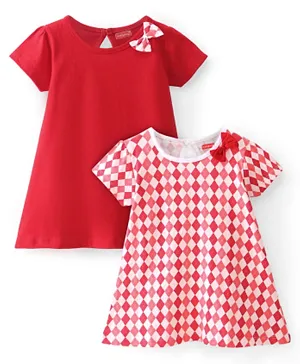 Babyhug Cotton Knit Half Sleeves Frocks Printed with Bow Applique Pack of 2 - Red