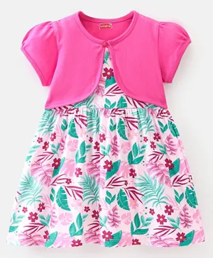 Babyhug Cotton Floral Printed Frock with Full Sleeve Shrug - Pink