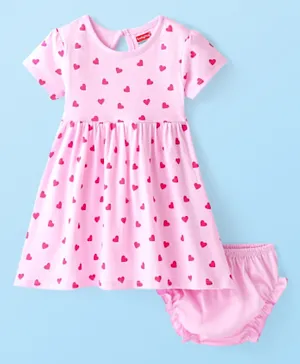 Babyhug 100% Cotton Half Sleeves Frock & Bloomer With Heart Print - Pink