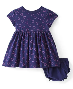 Babyhug Cotton Knit Short Sleeves Heart Printed Frock with Bloomer - Navy
