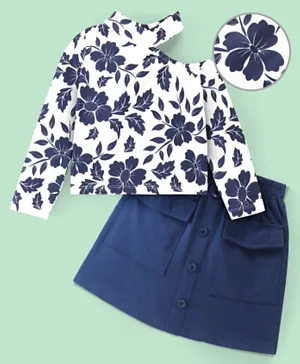 Ollington St. 100% Cotton Knit St. Full Sleeves Top & Skirt Floral Print - Navy Blue & White