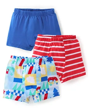 Babyhug 100% Cotton Knit Trunk Stripes & Car Print Pack of 3 - Red & Blue