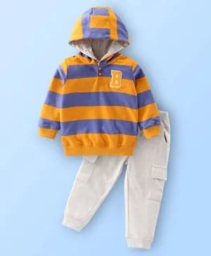 Babyhug Cotton Knit Striped Hoodie & Lounge Pant Set - Multi Color