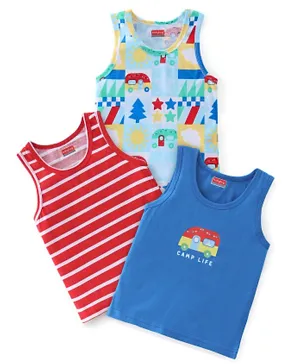 Babyhug 100% Cotton Knit Sleeveless Sando Stripes & Car Print Pack of 3 - Red & Blue