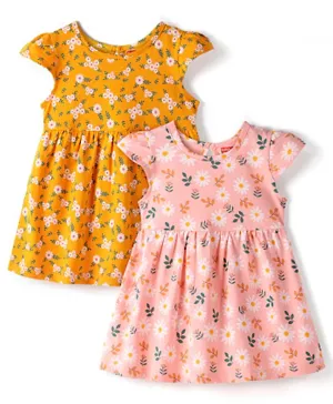 Babyhug 100% Cotton Knit Half Sleeves Frock With Floral Print Pack Of 2 - Pink & Orange