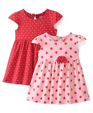 Babyhug 100% Cotton Knit Half Sleeves Frock Strawberry Print Pack Of 2 - Pink