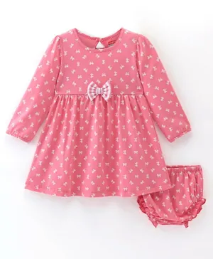 Babyhug 100% Cotton Knit Full Sleeves Frock With Bloomer Bow Print - Pink