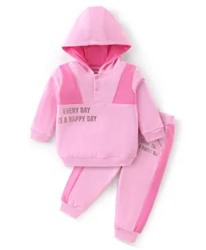Babyhug Cotton Knit Full Sleeves Hoodie & Lounge Pants Set Text Print - Pink