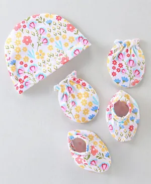 Babyhug 100% Cotton Knit Cap Mittens And Booties Floral Print - White