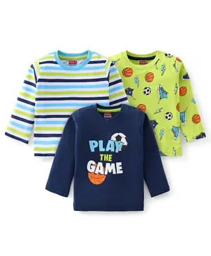 Babyhug 3-Pack Printed & Striped 100% Cotton Knit Full Sleeves Tees - Blue & Green