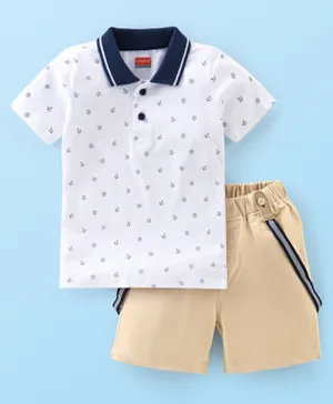 Babyhug 100% Cotton Knit Half Sleeves Polo T-Shirt & Shorts Set Anchor Print - White & Brown