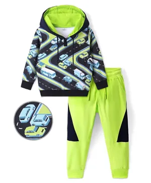Ollington St. 100% Cotton Full Sleeves Hoodie & Lounge Pants With Cars Print - Black & Lime