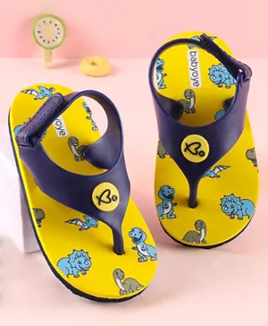Babyoye Flip Flops with Velcro Closure Dino Print - Yellow
