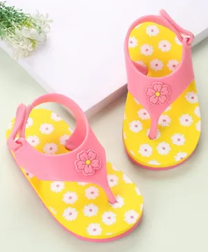 Babyoye Flop Flops with Velcro Closure Floral Print - Yellow & Pink