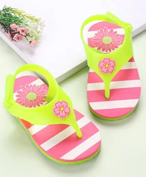 Babyoye Flip Flops Velcro Closure  Floral Print- Green & Pink