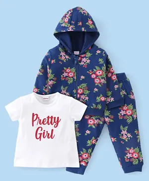 Babyhug 100% Cotton Knit Full Sleeves Hooded Jacket with T-Shirt & Lounge Pant Floral Print - Navy Blue & White