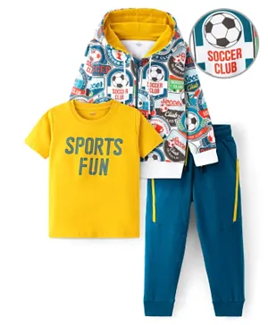 Ollington St. 100% Cotton Knit Winter Wear T-Shirt & Lounge Pant Set with Full Sleeves Hoodie Soccer Ball Print - Yellow & Navy Blue