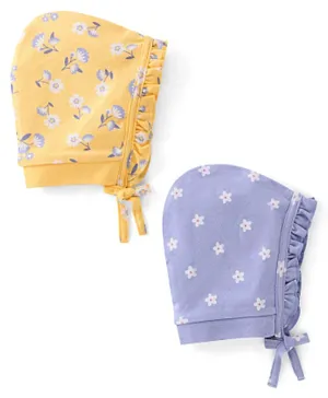 Babyhug 100% Cotton Caps Floral Print Pack of 2  Purple & Yellow - Diameter 11.5 Cm