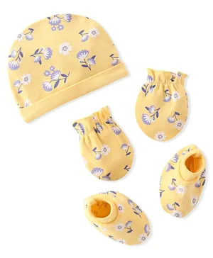 Babyhug 100% Cotton Knit Cap Mittens & Booties Set Floral Print- Yellow