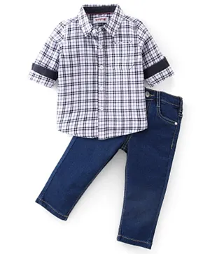 Babyhug 100% Cotton Knit Full Sleeves Shirt & Jeans Checkered - White & Blue
