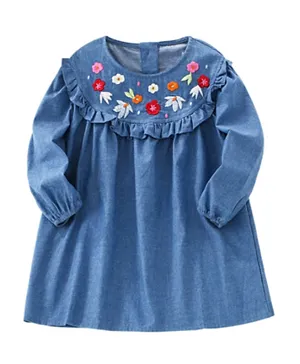 SAPS Round Neck Full Sleeves Floral Embroidered Dress- Blue