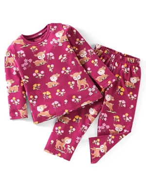 Babyhug Cotton Knit Full Sleeves Floral & Deer Printed Night Suit - Purple
