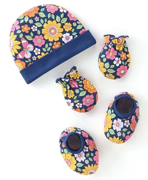 Babyhug 100% Cotton Knit Cap Mittens and Booties Floral Print - Navy Blue