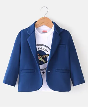 Babyhug Woven Full Sleeves Party Blazer With T-Shirt Aircraft Graphics - Blue & White