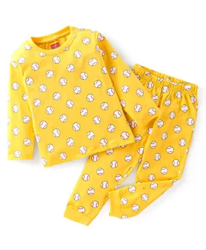 Babyhug Cotton Knit Full Sleeves Night Suit Baseball Print - Yellow