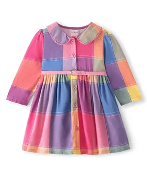 Babyhug Full Sleeves Dress Checkered With Belt - Multi Color