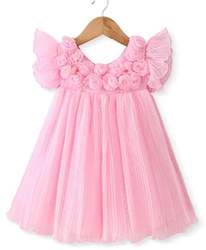 Babyhug Sleeveless Pleated A-Line Party Dress with Floral Applique -  Pink
