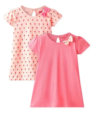 Babyhug 100% Cotton Half Sleeves Frocks With Floral Print Pack Of 2 - Peach & Pink