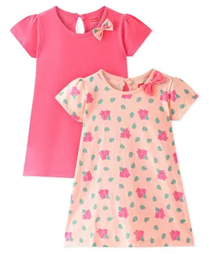 Babyhug 100% Cotton Half Sleeves Frock with Bow Applique Leaves Print Set of 2 - Pink & Peach