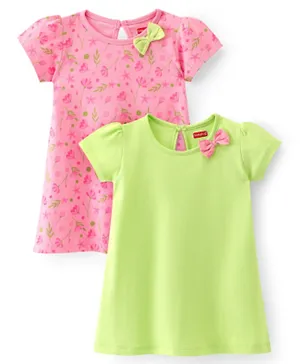 Babyhug 100% Cotton Single Jersey Knit Half Sleeves Frock Floral Print Pack Of 2 - Pink & Green