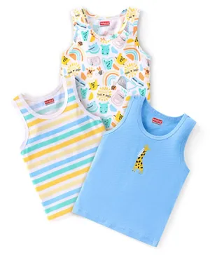 Babyhug 100 % Cotton Sleeveless Sando Vests  Stripes & Leopard Print Pack of 3- Blue Yellow & White