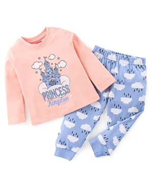 Babyhug Single Jersey Knit Full Sleeves Night Suit Text Printed - Blue & Pink