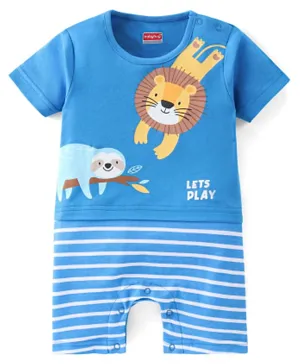 Babyhug 100% Cotton Knit Half Sleeves Romper Lion Print - Blue