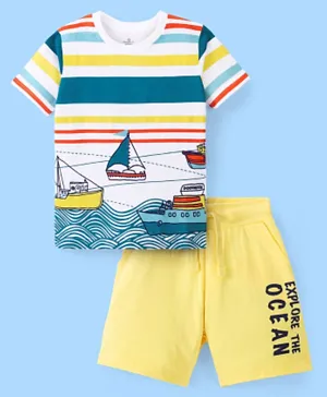 Ollington St. 100% Cotton Knit Half Sleeves T-Shirt & Shorts Set Stripes & Ship Print - Multi Color