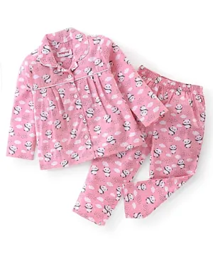 Babyhug Cotton Poplin Woven Full Sleeves Panda Print Night Suit - Pink