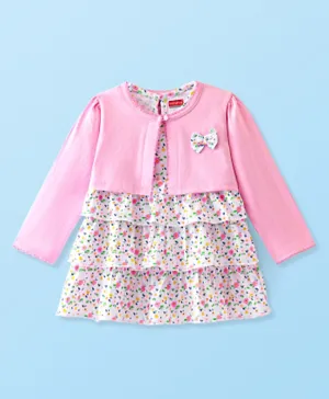 Babyhug Cotton Knit Frock with  Full Sleeves Jacket  Floral Print & Bow Applique - Pink