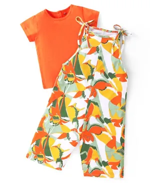 Ollington St. Cotton Knit Abstract Printed Dungaree with Full Sleeves T-Shirt - Orange & Multicolor