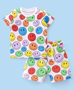 Babyhug Cotton Knit Half Sleeves Night Suit With Smiley Print - White