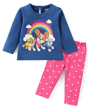 Babyhug Cotton Knit Full Sleeves Night Suit With Paw Patrol Print - Navy Blue & Pink