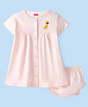 Babyhug 100% Cotton Half Sleeves Frock & Bloomer With Giraffe Print - Pink