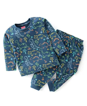 Babyhug Cotton Single Jersey Knit Full Sleeves Night Suit Dino Print - Navy Blue
